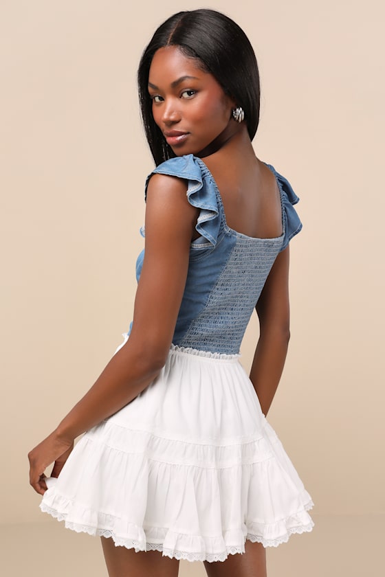 White Tiered Mini Skirt - Lace Trim Skirt - Cotton Mini Skirt - Lulus