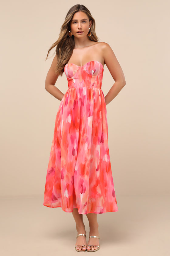 Image of Aysel Coral Pink Abstract Strapless Bustier Midi Dress