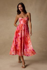 Aysel Coral Pink Abstract Strapless Bustier Midi Dress 2