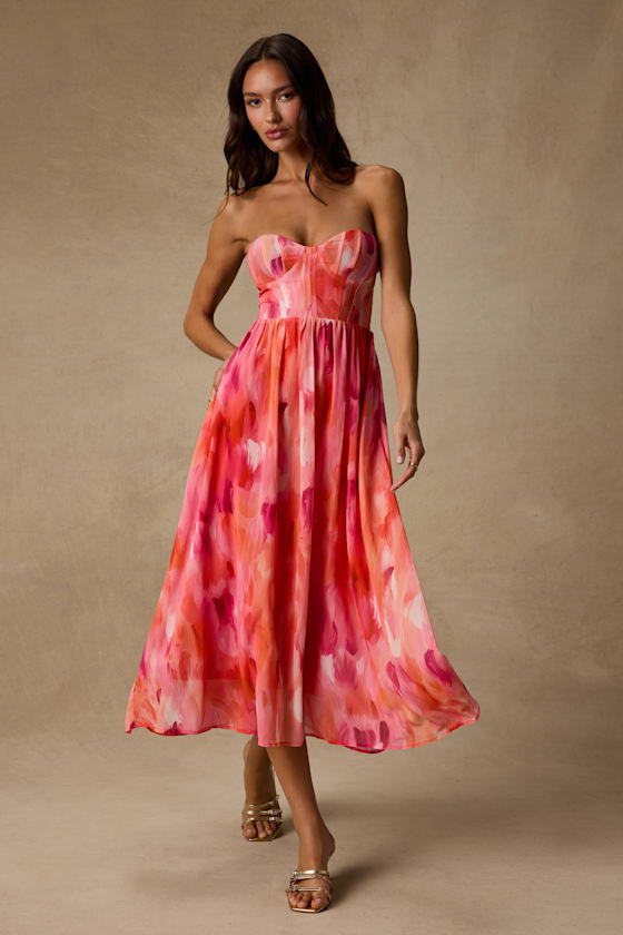 Aysel Coral Pink Abstract Strapless Bustier Midi Dress 2