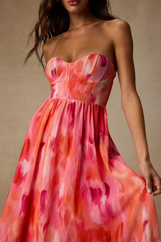 Aysel Coral Pink Abstract Strapless Bustier Midi Dress 3
