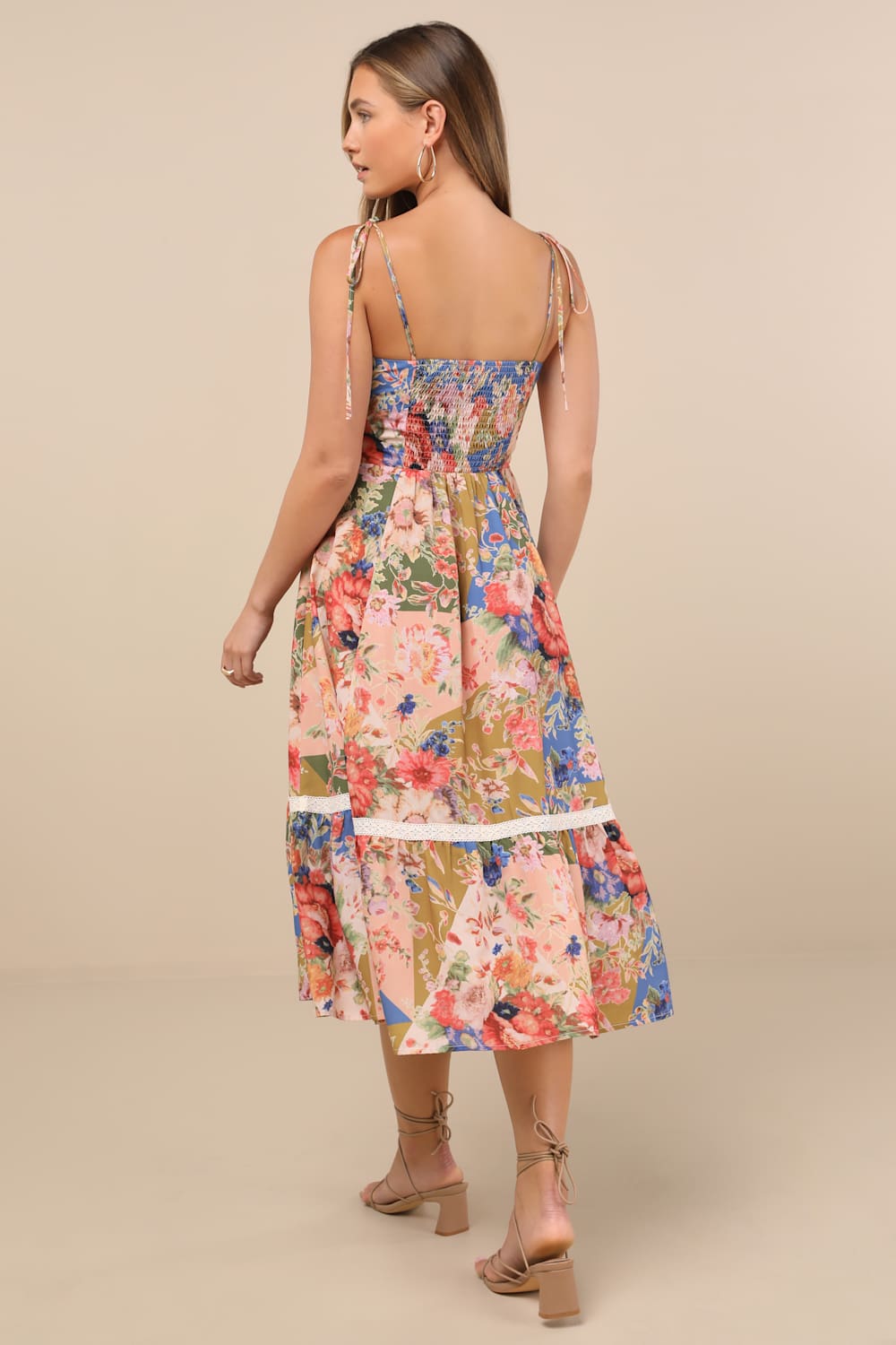 Ardith Light Pink Multi Floral Lace Tie-Strap Midi Dress
