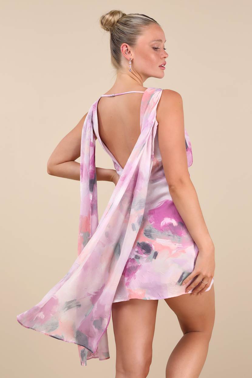 Lilac Abstract Print Mini - Sash Mini Dress - Low-Cut Back Dress - Lulus