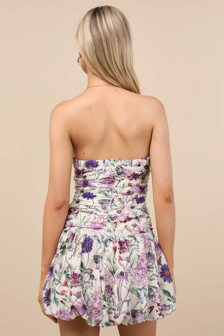 Marika Ivory and Purple Floral Bubble Hem Mini Dress
