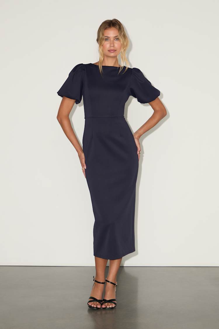 Simply Beloved Navy Puff Sleeve Bodycon Midi Dress