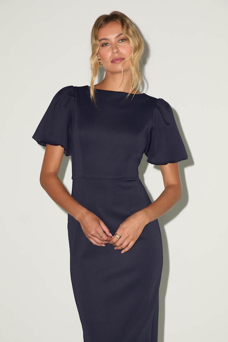 knee length dresses for ladies Navy Puff Sleeve Midi Dress – Aquarius Brand