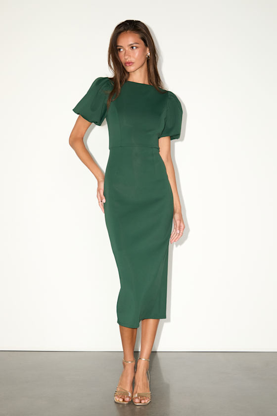 Simply Beloved Hunter Green Puff Sleeve Bodycon Midi Dress 1
