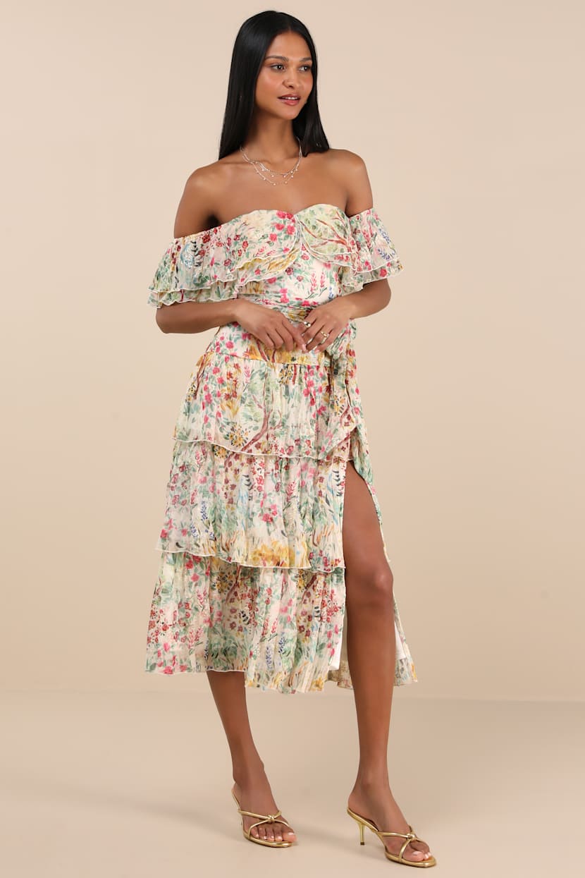 Lucella Cream Multi Floral Tiered Off-the-Shoulder Midi Dress