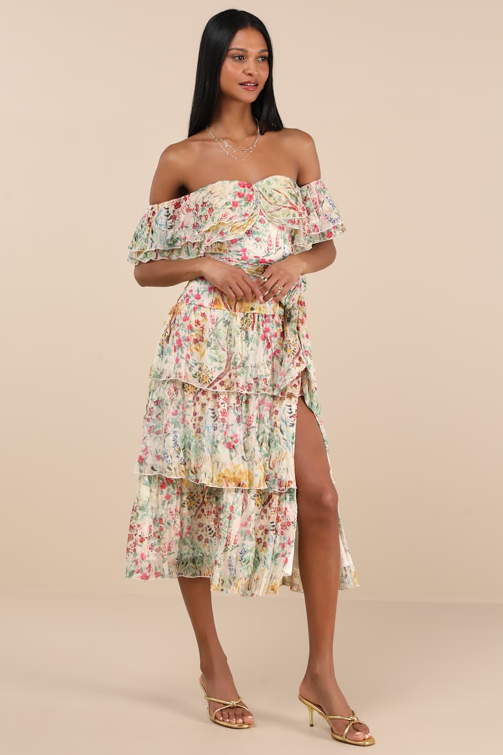 Lucella Cream Multi Floral Tiered Off-the-Shoulder Midi Dress