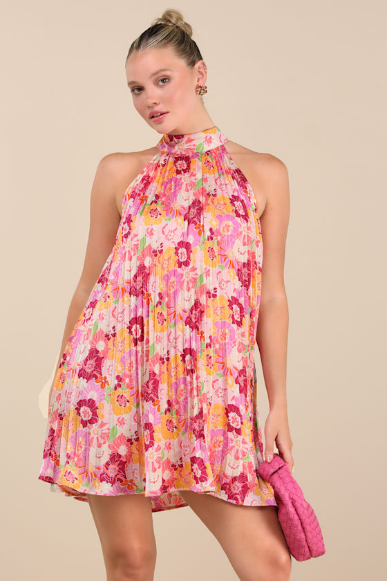 Ceslie Pink Multi Floral Pleated Shift Mini Dress 2