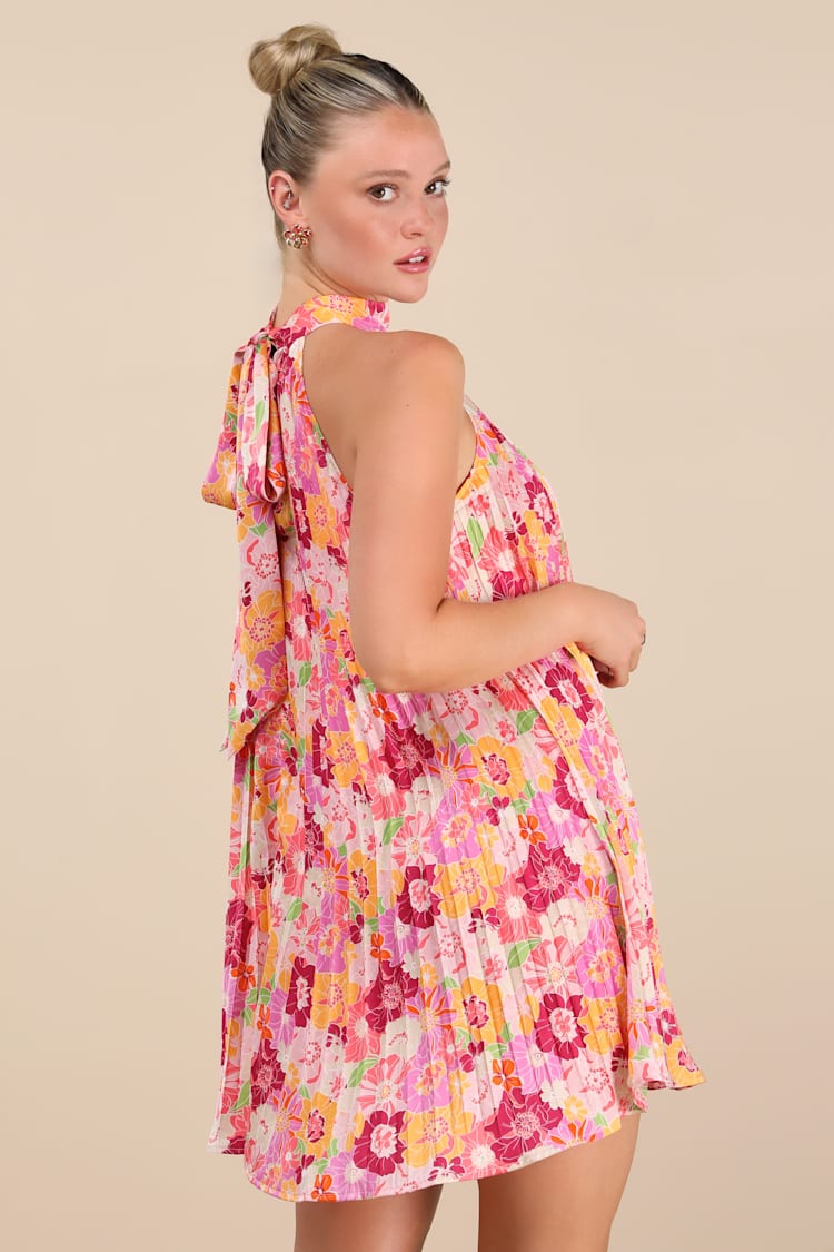 Ceslie Pink Multi Floral Pleated Shift Mini Dress