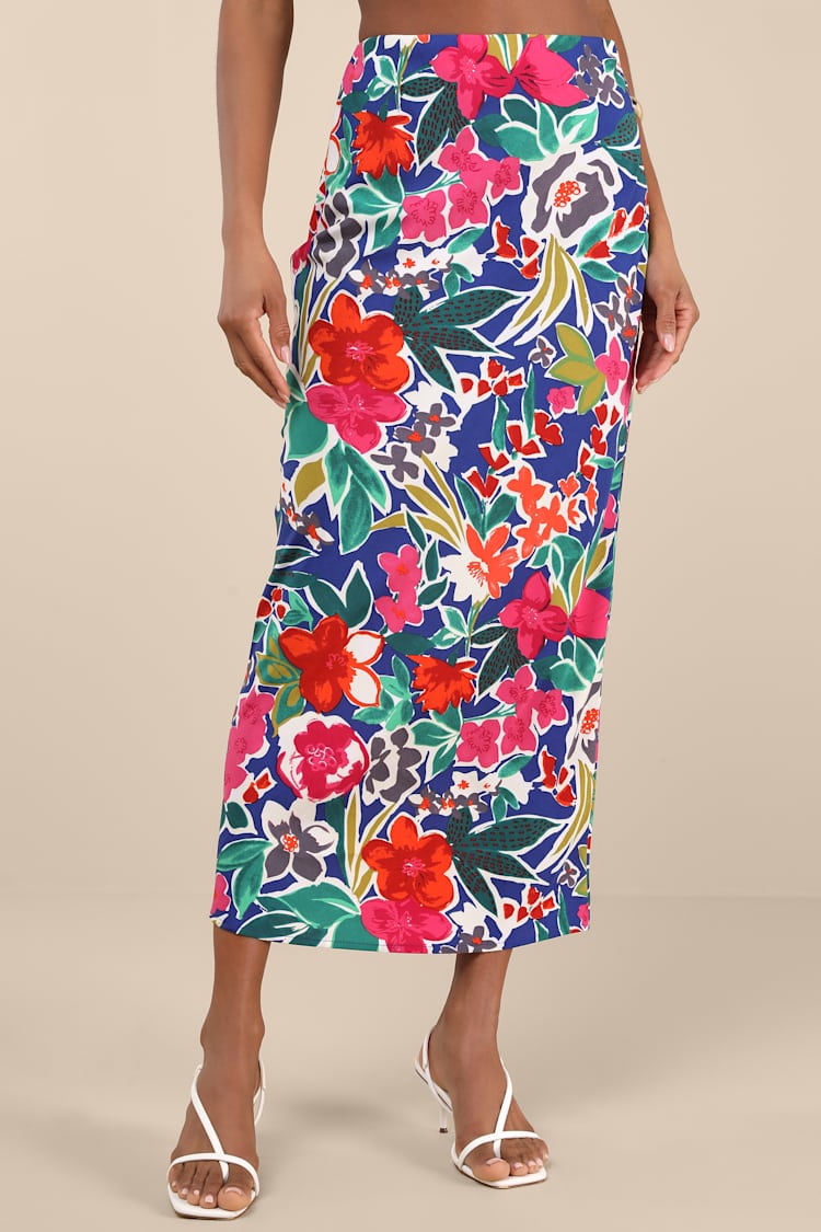 Sanaa Dark Blue Floral High-Rise Midi Skirt