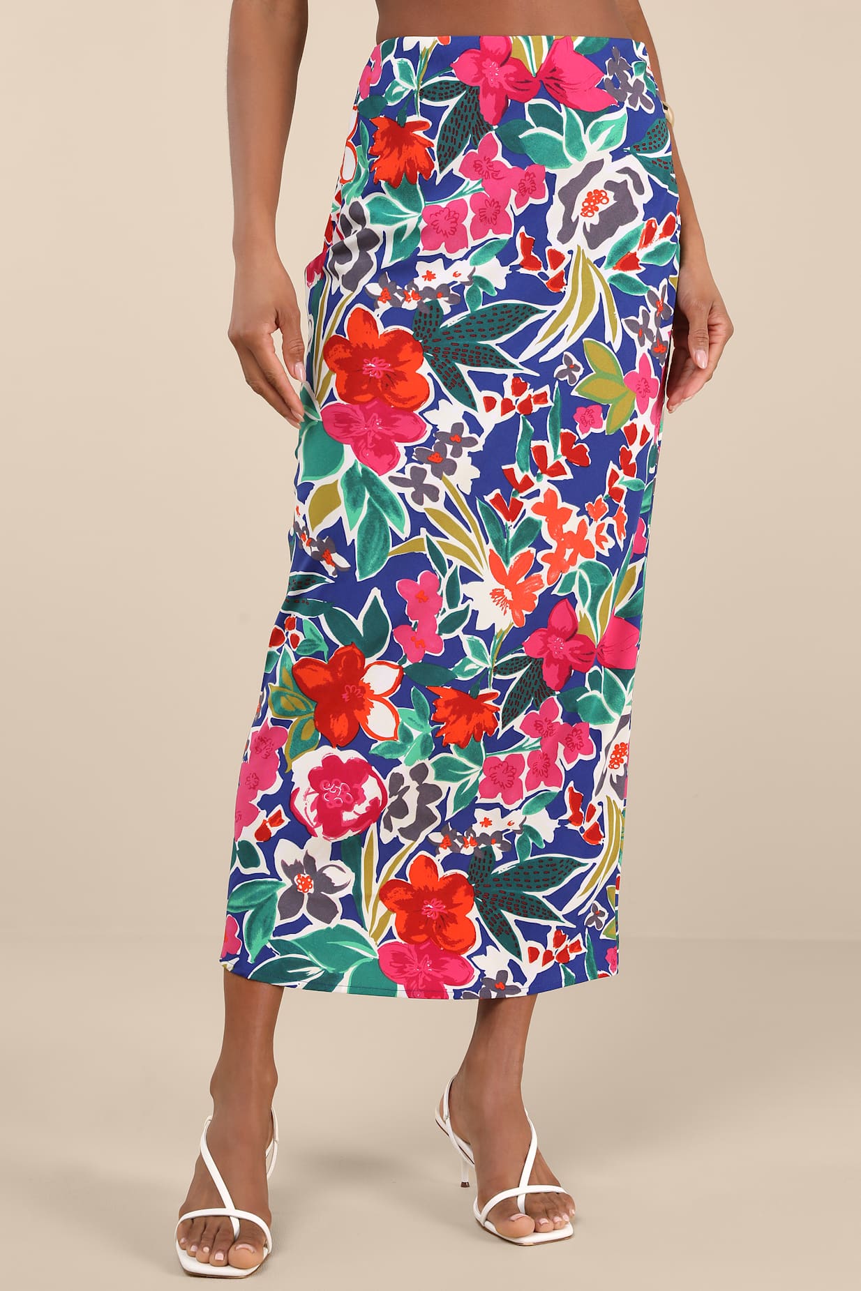 Sanaa Dark Blue Floral High-Rise Midi Skirt