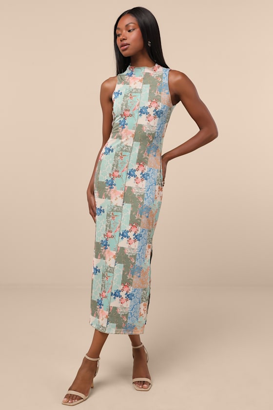 Ziya Olive Multi Floral Mesh Mock Neck Midi Dress