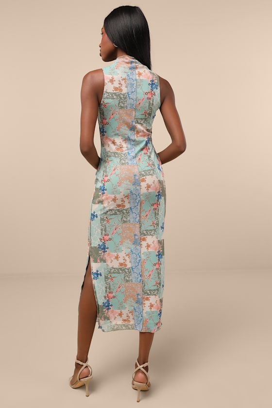 Ziya Olive Multi Floral Mesh Mock Neck Midi Dress