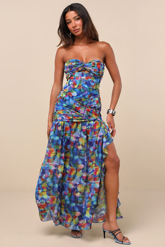 Lulus Jeniah Blue Multi Abstract Print Drop Waist Maxi Dress In Blue