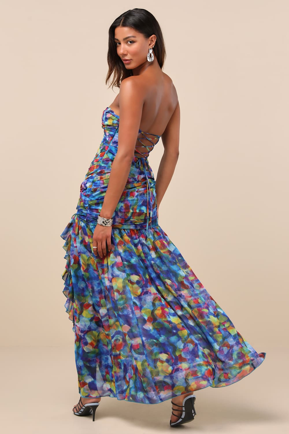 Jeniah Blue Multi Abstract Print Drop Waist Maxi Dress