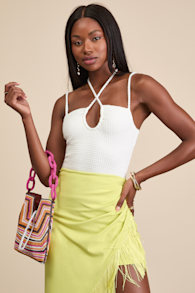 Lehua White Textured Knit Cutout Bodysuit 1