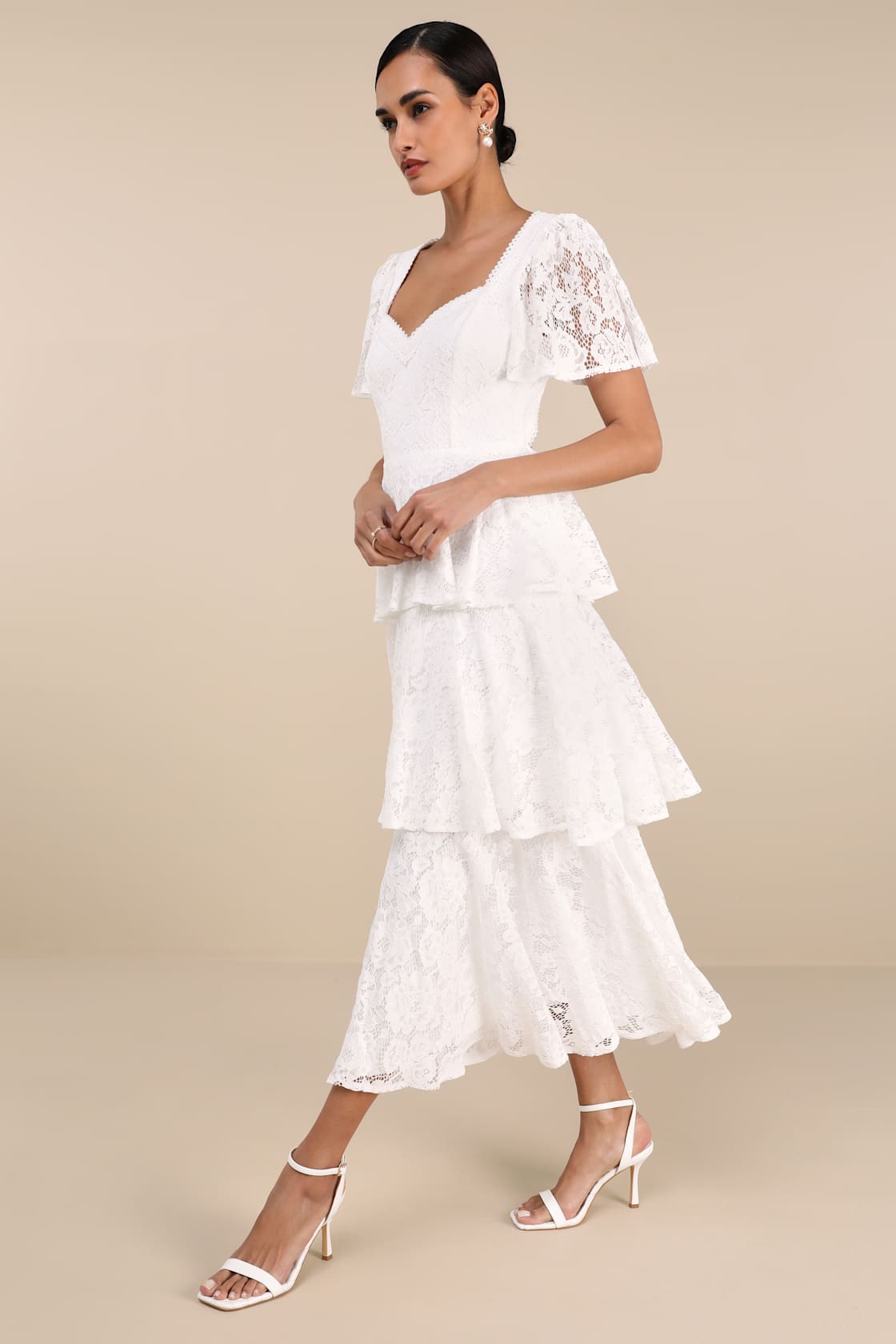 Delana White Crochet Lace Tiered Midi Dress