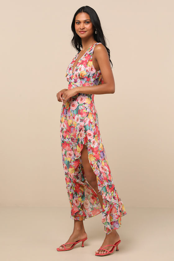 Red Multi Floral Dress - Ruffled Maxi Dress - Cowl Back Dress - Image 3