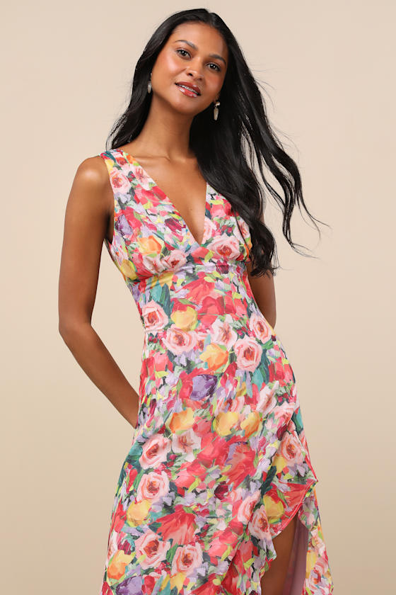 Red Multi Floral Dress - Ruffled Maxi Dress - Cowl Back Dress - Image 4