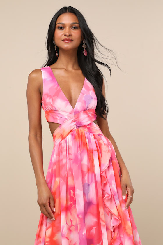 Image of Elisanna Pink Multi Floral Lace-Up Midi Dress