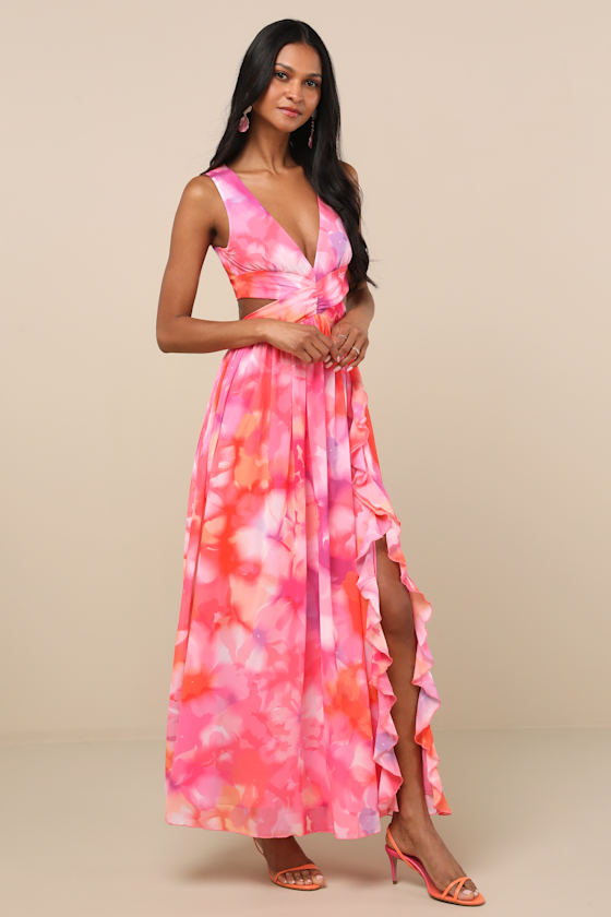 Pink Multi Floral Dress - Lace-Up Midi Dress - Ruffled Midi Dress