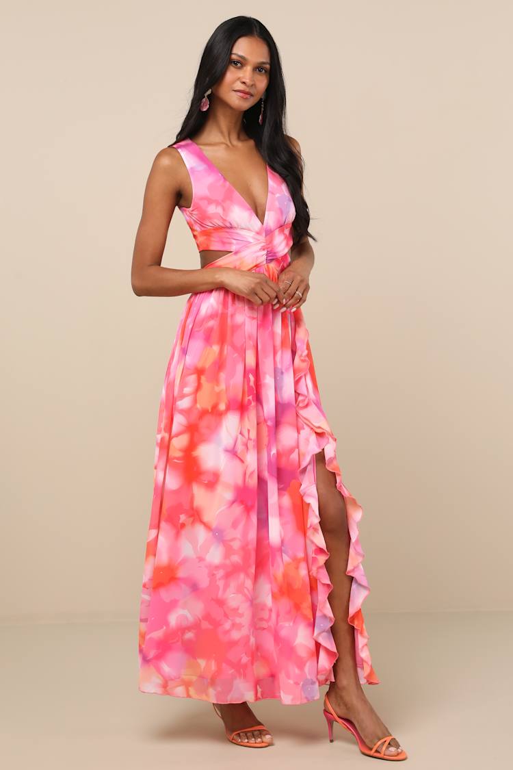Elisanna Pink Multi Floral Lace-Up Midi Dress