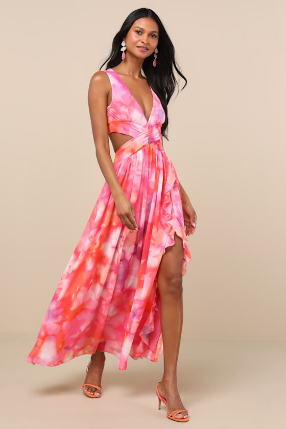 Image of Elisanna Pink Multi Floral Lace-Up Midi Dress
