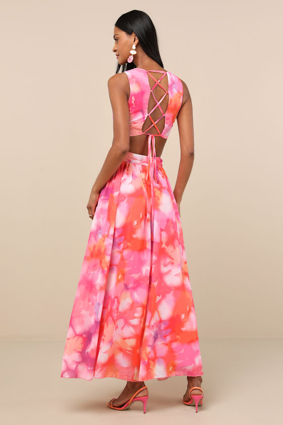 Pink Multi Floral Dress - Lace-Up Midi Dress - Ruffled Midi Dress - Image 4