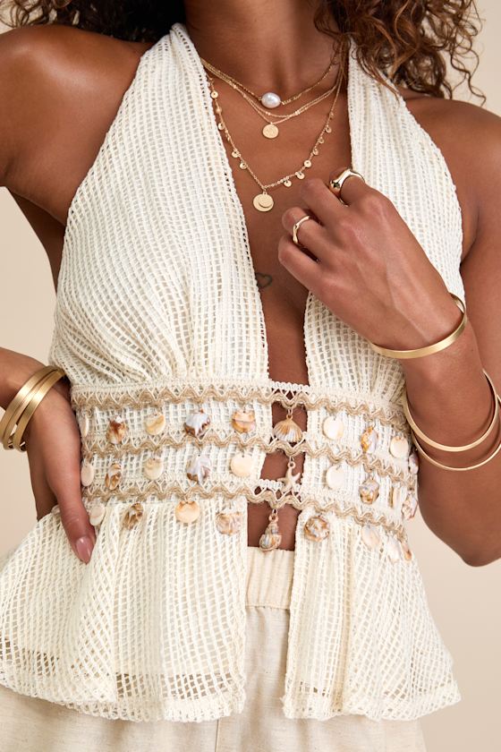 Lulus Dione Cream Crochet Halter Seashell Charm Tank Top In White