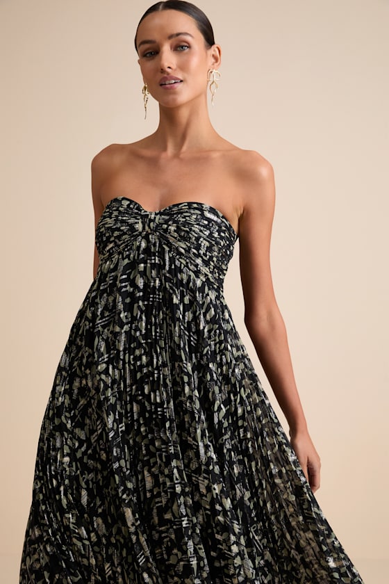 Black Shiny Abstract Dress - Strapless Maxi Dress - Pleated