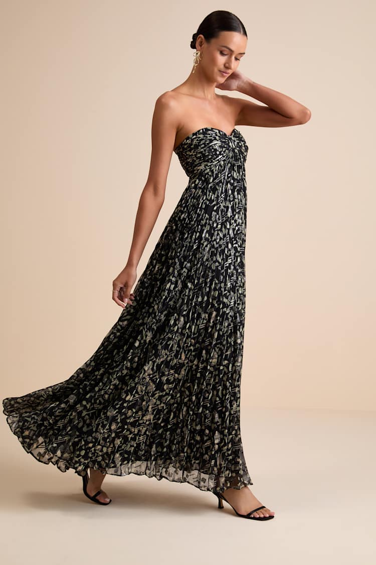 Lynwen Black Abstract Pleated Strapless Maxi Dress