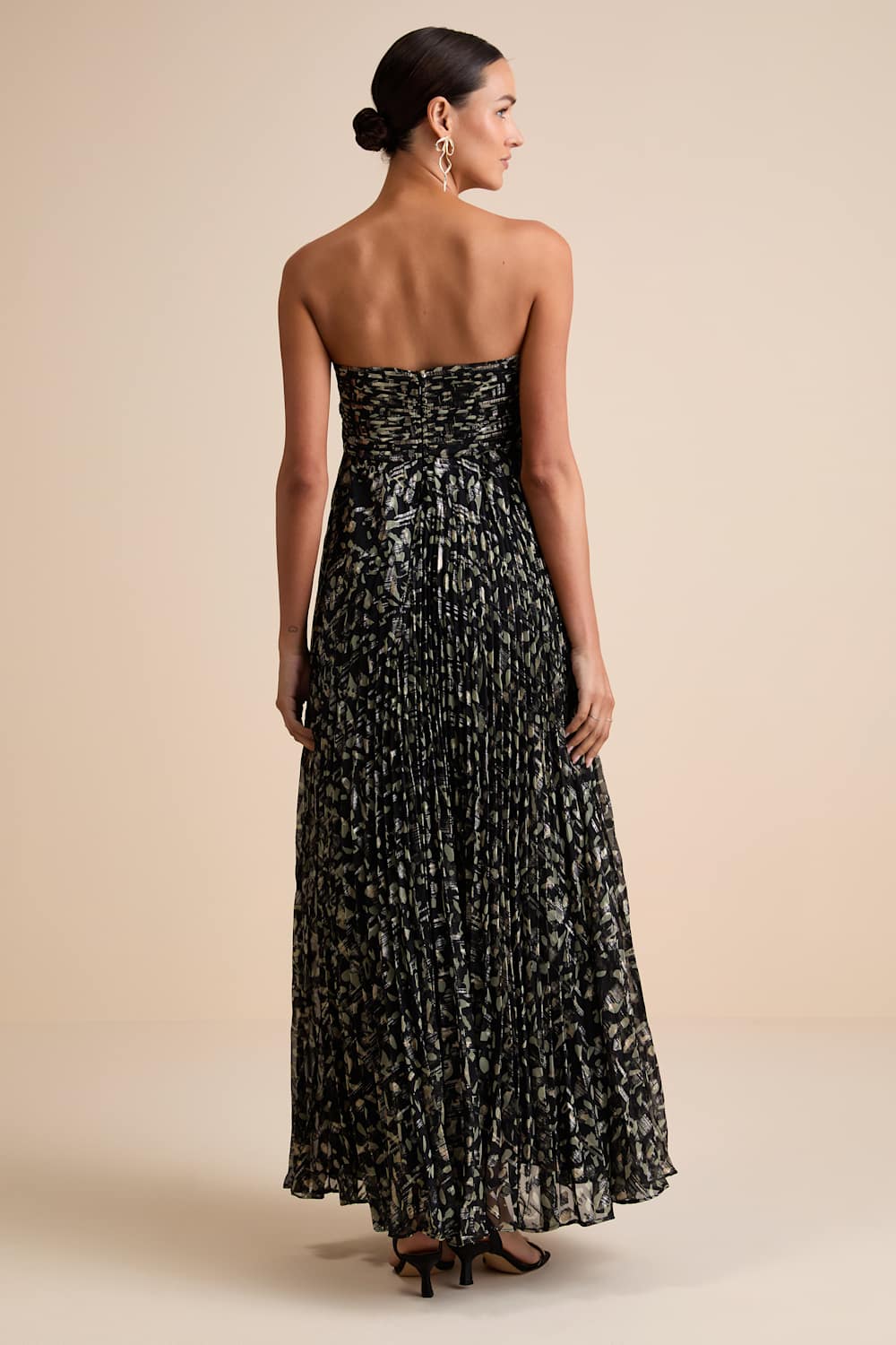 Lynwen Black Abstract Pleated Strapless Maxi Dress