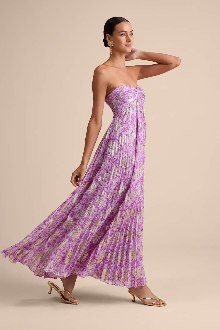 Lynwen Light Purple Abstract Pleated Strapless Maxi Dress