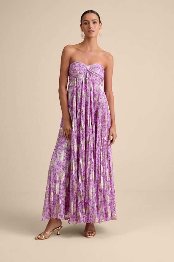 Purple Abstract Dress - Strapless Maxi Dress - Pleated Dress