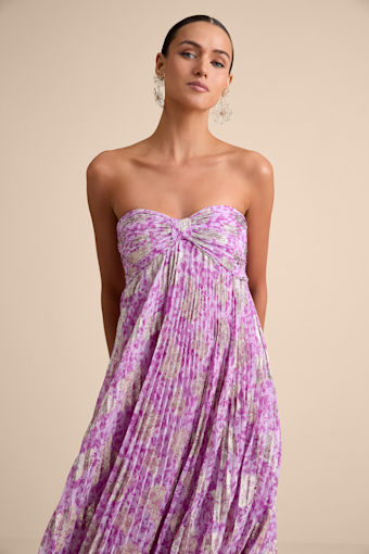 Lynwen Light Purple Abstract Pleated Strapless Maxi Dress 4