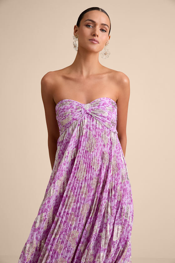 Lynwen Light Purple Abstract Pleated Strapless Maxi Dress 4