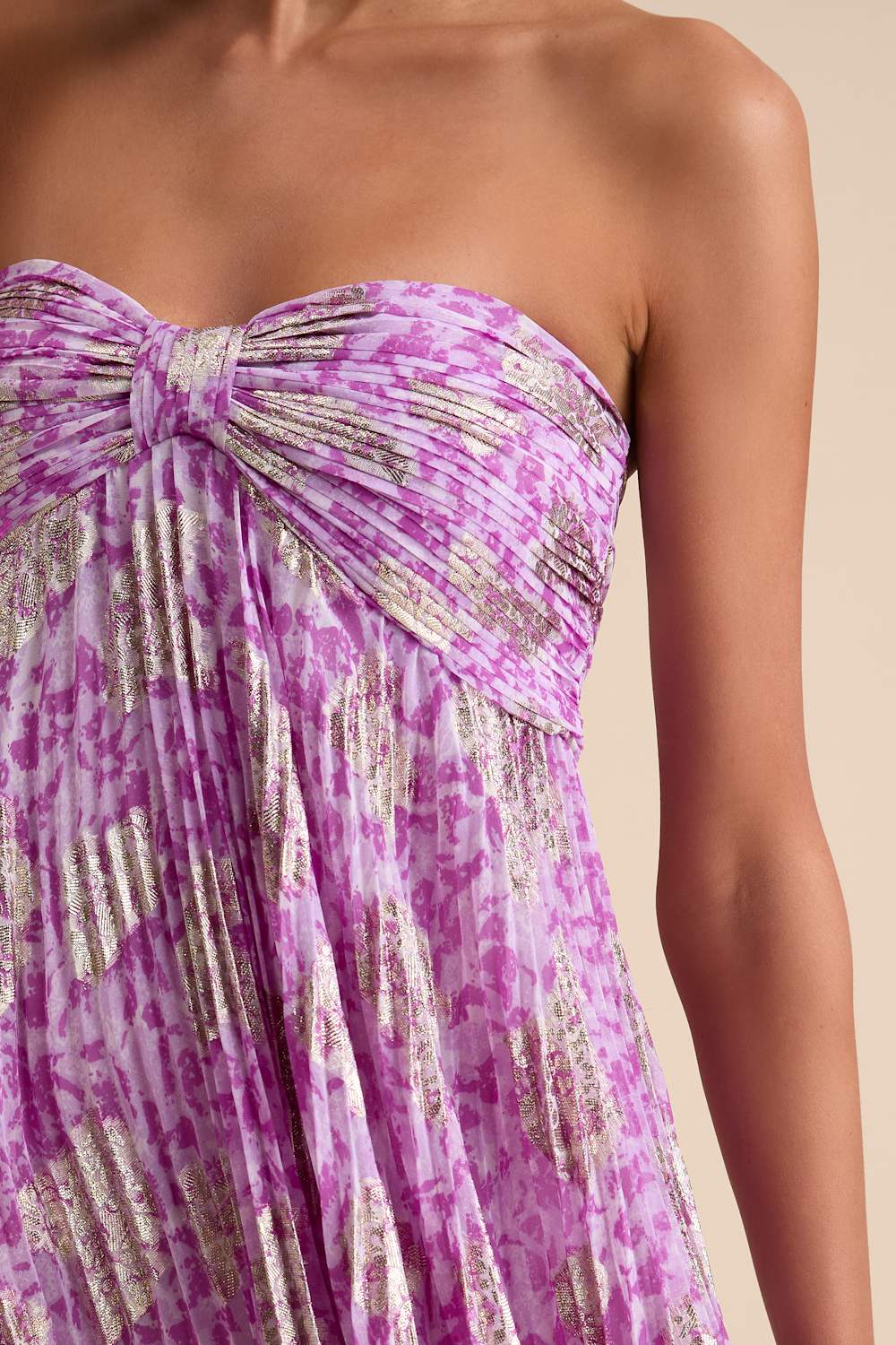 Lynwen Light Purple Abstract Pleated Strapless Maxi Dress