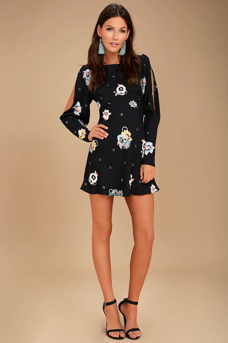 Free People Sunshadows Dress - Black Floral Print Dress