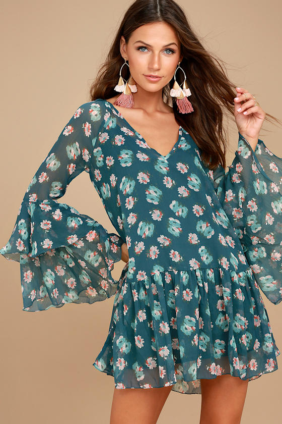 Billabong Stevie Sunday Blue Floral Print Long Sleeve Dress 3
