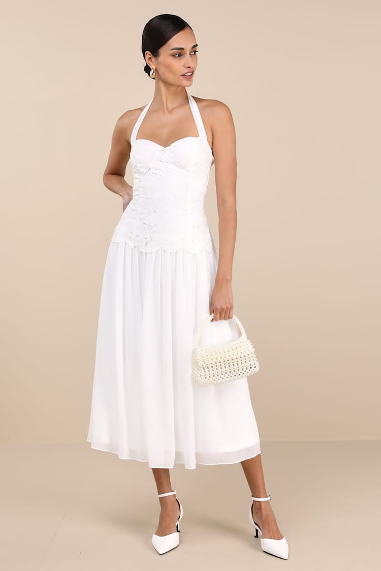 Alysanne White Embroidered Drop Waist Halter Midi Dress