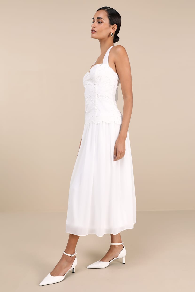 White Midi Dress - Embroidered Halter Dress - Drop Waist Dress - Lulus