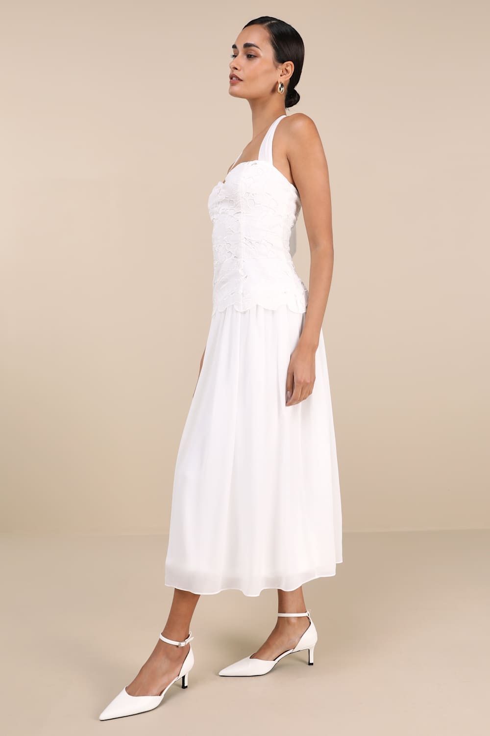 Alysanne White Embroidered Drop Waist Halter Midi Dress