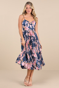 Francette Navy Floral Satin Pleated Midi Dress 2