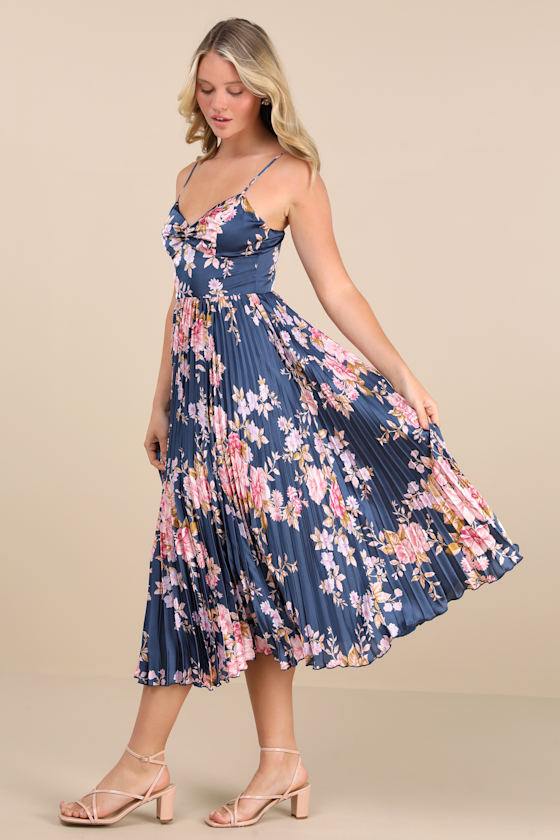 Francette Navy Floral Satin Pleated Midi Dress 4