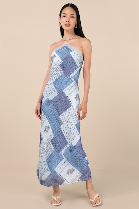 Lulus Ellira Blue Patchwork And Paisley Print Halter Maxi Dress In Blue