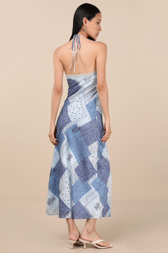Lulus Ellira Blue Patchwork And Paisley Print Halter Maxi Dress In Blue