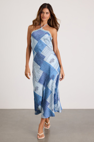Ellira Blue Patchwork and Paisley Print Halter Maxi Dress 2
