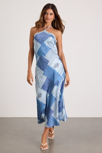 Ellira Blue Patchwork and Paisley Print Halter Maxi Dress 2